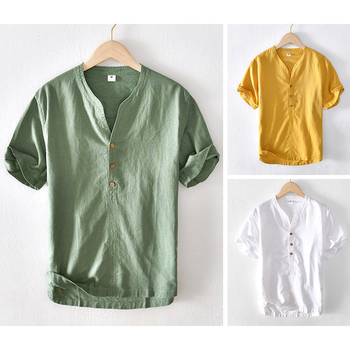 Camisa Casual para Hombre - Lino Ligero - Manga Corta - Corte Relajado - Escote en V