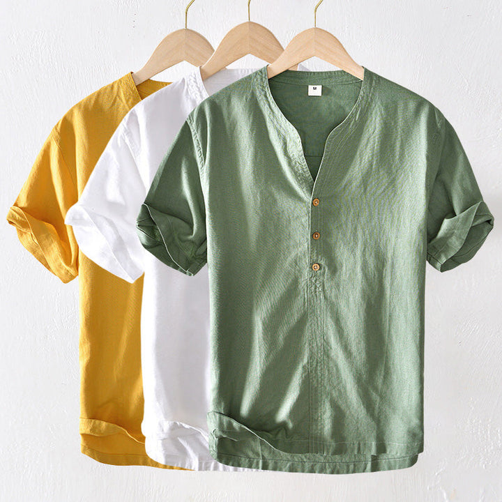 Camisa Casual para Hombre - Lino Ligero - Manga Corta - Corte Relajado - Escote en V