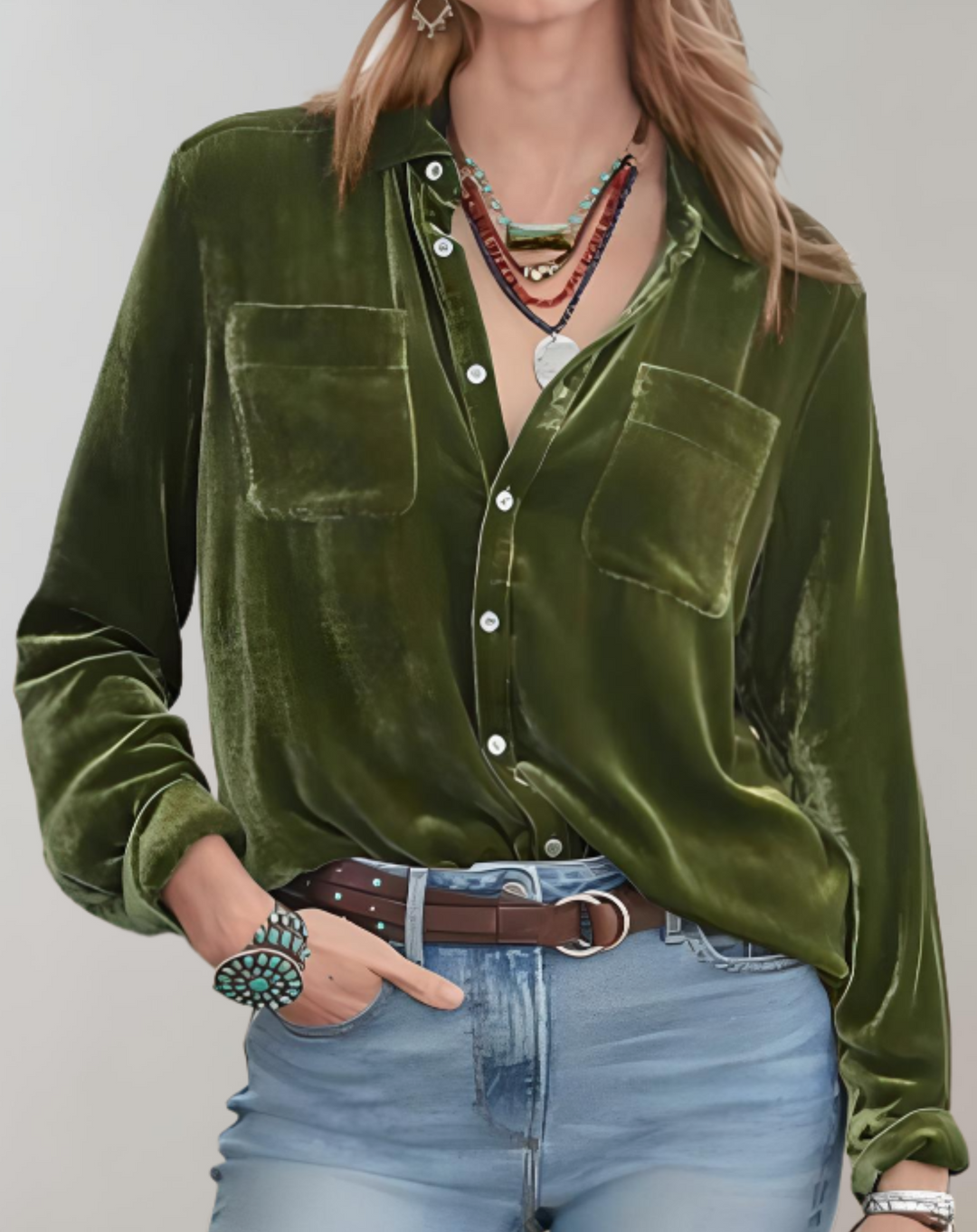 Damska koszulka z weluru w stylu retro z długimi mankietami