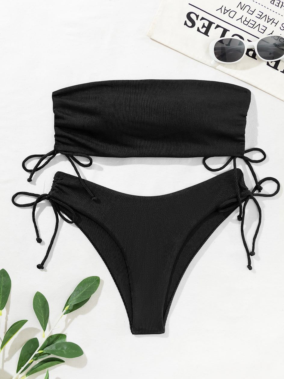 Komplet bikini bandeau dla kobiet - Elegancka faktura na brzegach - Góra bez pętelek i dół na brzegach