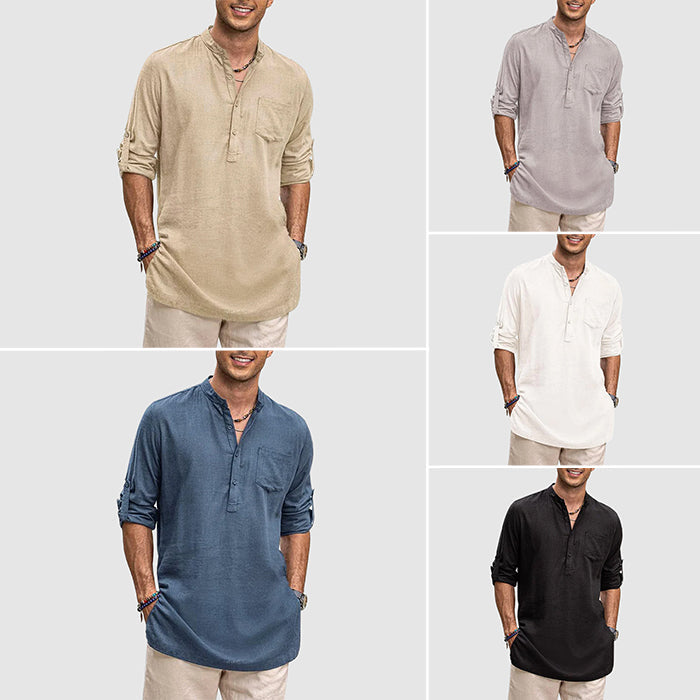 Męska koszula Henley z długimi i wydłużonymi rękawami - z przodu z przodu z kieszeniami - odzież kontraktowa