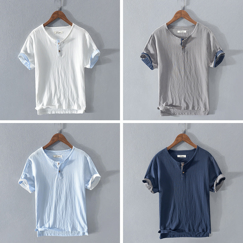 Męska stylowa koszula Henley - miękka, lekka bawełna, krótki rękaw, swobodny krój z zapięciem na guziki