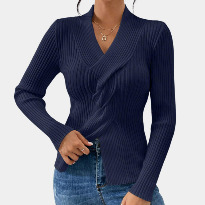 Maelle - Stylowy damski sweter z dzianiny z dekoltem w szpic