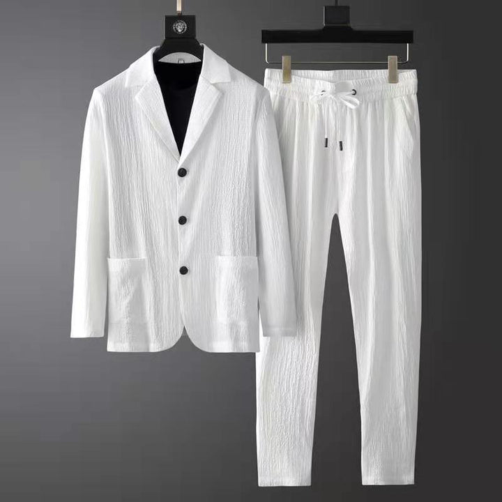 Męski stylowy garnitur na co dzień - marynarka Slim Fit i spodnie Jogger z teksturowanej tkaniny z zapięciem na 3 guziki