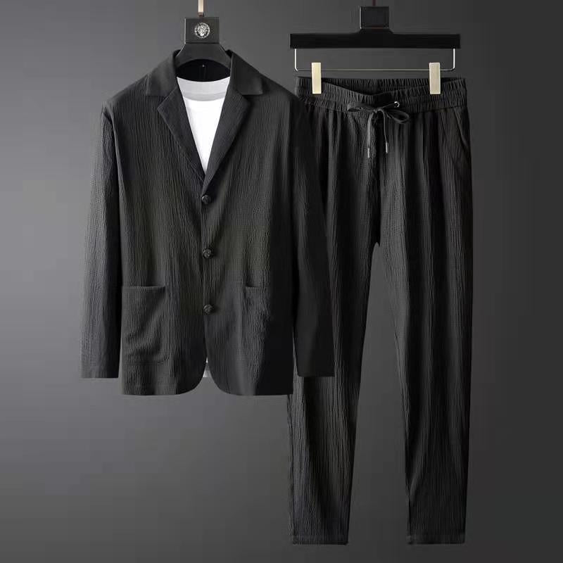 Męski stylowy garnitur na co dzień - marynarka Slim Fit i spodnie Jogger z teksturowanej tkaniny z zapięciem na 3 guziki
