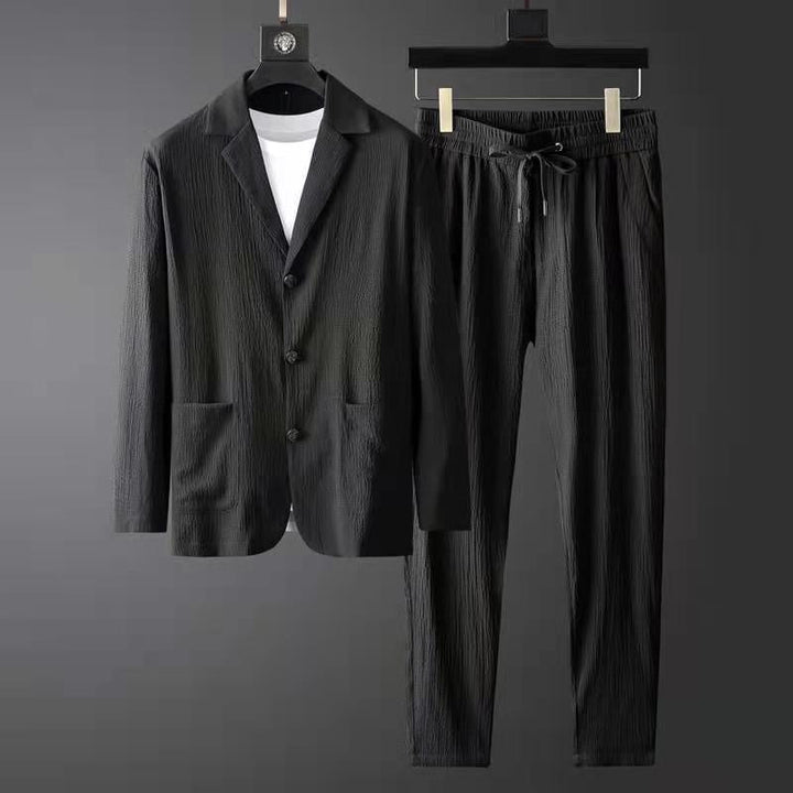 Męski stylowy garnitur na co dzień - marynarka Slim Fit i spodnie Jogger z teksturowanej tkaniny z zapięciem na 3 guziki
