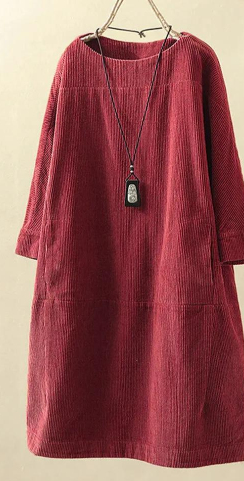 Vestido de pana para mujer - Corte relajado a la rodilla - Manga 3/4 - Estilo minimalista