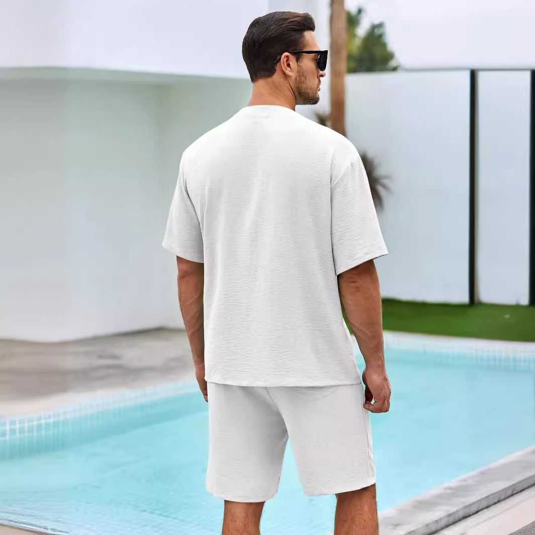 Conjunto Masculino de Dos Piezas - Camisa de Cuello en V con Botones - Shorts de Ajuste Cómodo - Algodón Transpirable