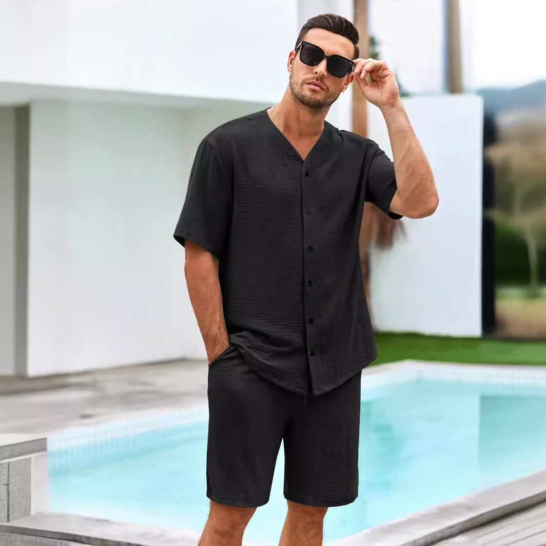 Conjunto Masculino de Dos Piezas - Camisa de Cuello en V con Botones - Shorts de Ajuste Cómodo - Algodón Transpirable