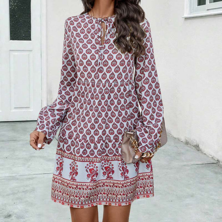Elegant Women's Boho Midi Dress - Flowy Fit with Long Sleeves and Stylish Keyhole Neckline in Beautiful Printed Pattern