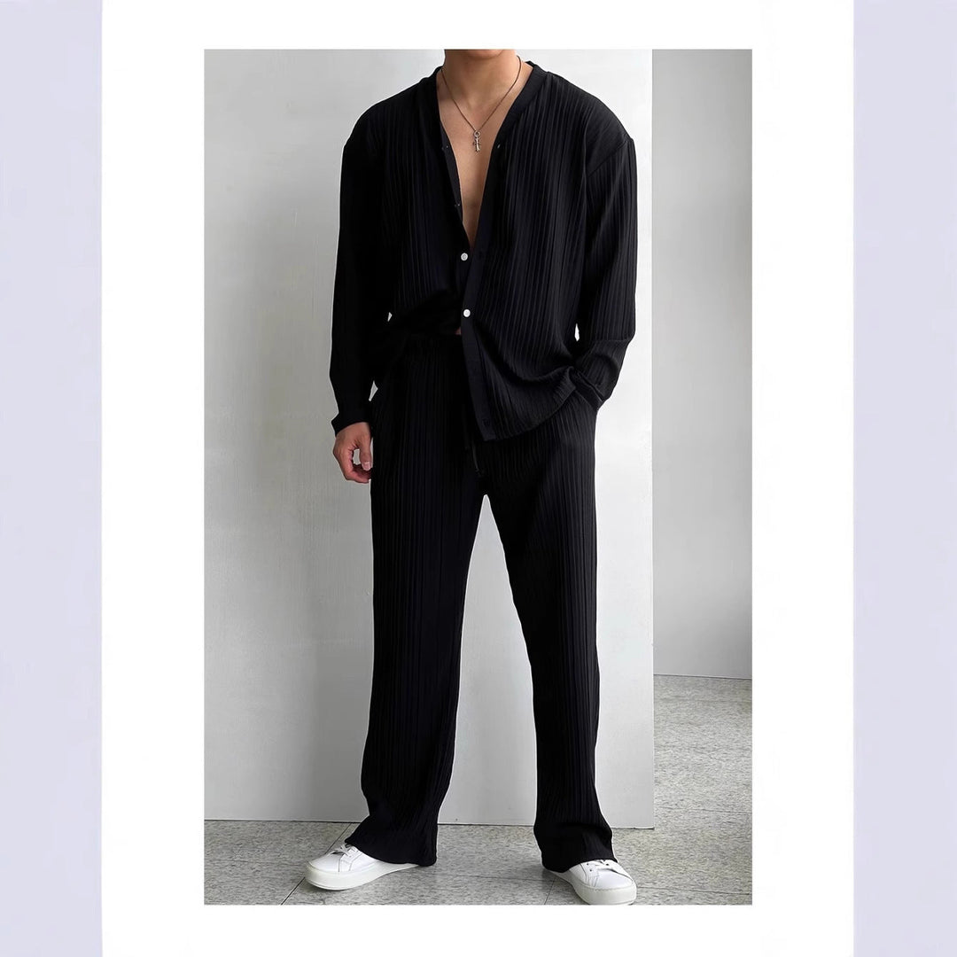 Komplet męski - Confort décontracté - Texture plissée - Chemise sans col & Pantalon droit