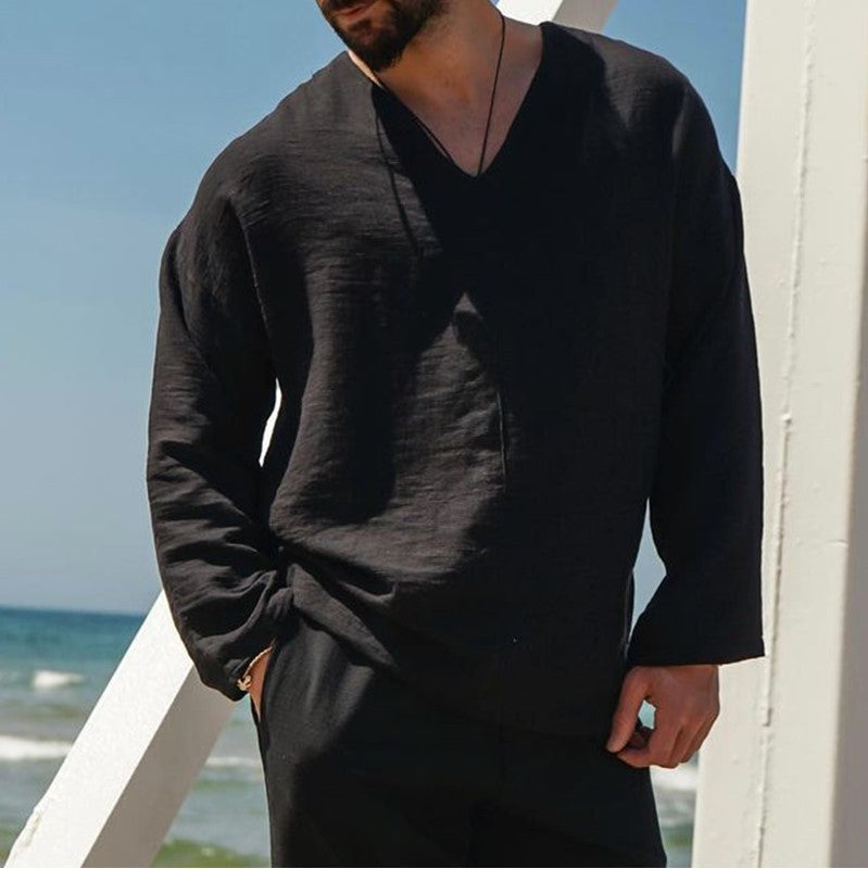 Herren-Leinenhemd - Bequemer Schnitt - V-Ausschnitt - Lange Ärmel - Atmungsaktive Freizeitkleidung