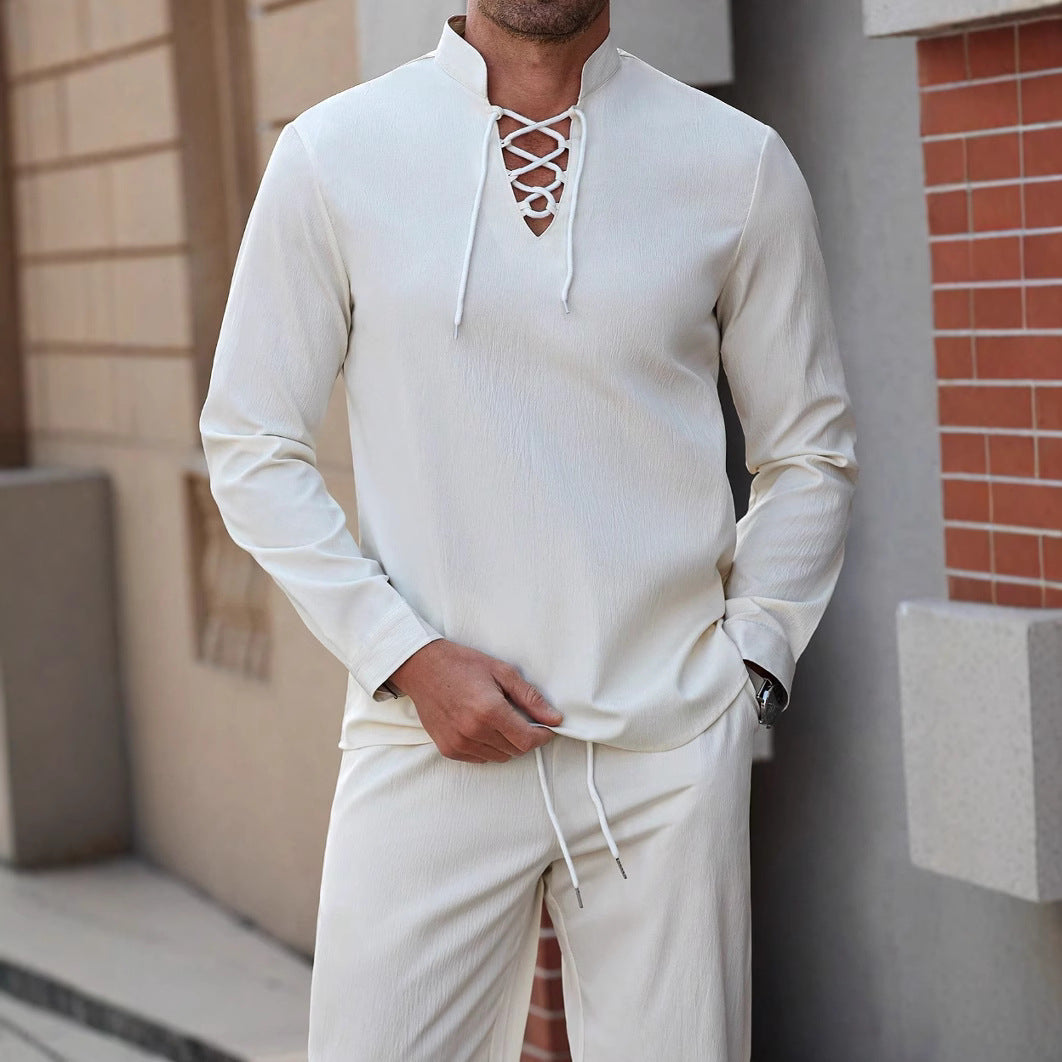 Męska casualowa koszula Henley - mieszanka bawełny i lnu ze stylowym sznurowaniem na piersi - wygodny luźny krój i kołnierzyk z gumką