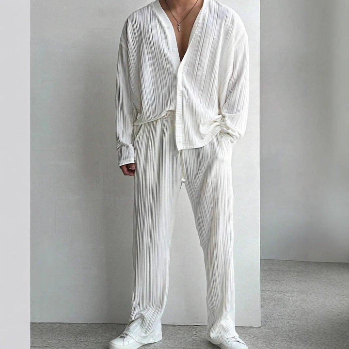 Komplet męski - Confort décontracté - Texture plissée - Chemise sans col & Pantalon droit