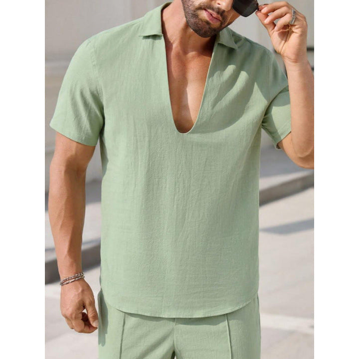 Conjunto de Dos Piezas para Hombres - Mezcla de Lino - Ajuste Cómodo - Camisa en V y Pantalones de Largo Completo