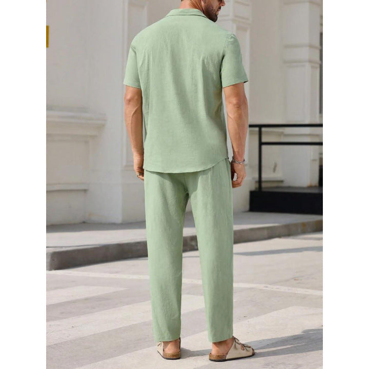 Conjunto de Dos Piezas para Hombres - Mezcla de Lino - Ajuste Cómodo - Camisa en V y Pantalones de Largo Completo
