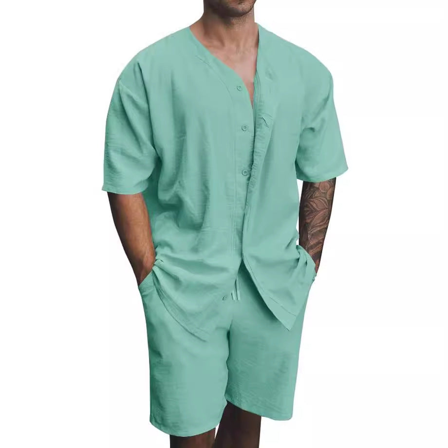 Conjunto Masculino de Dos Piezas - Camisa de Cuello en V con Botones - Shorts de Ajuste Cómodo - Algodón Transpirable