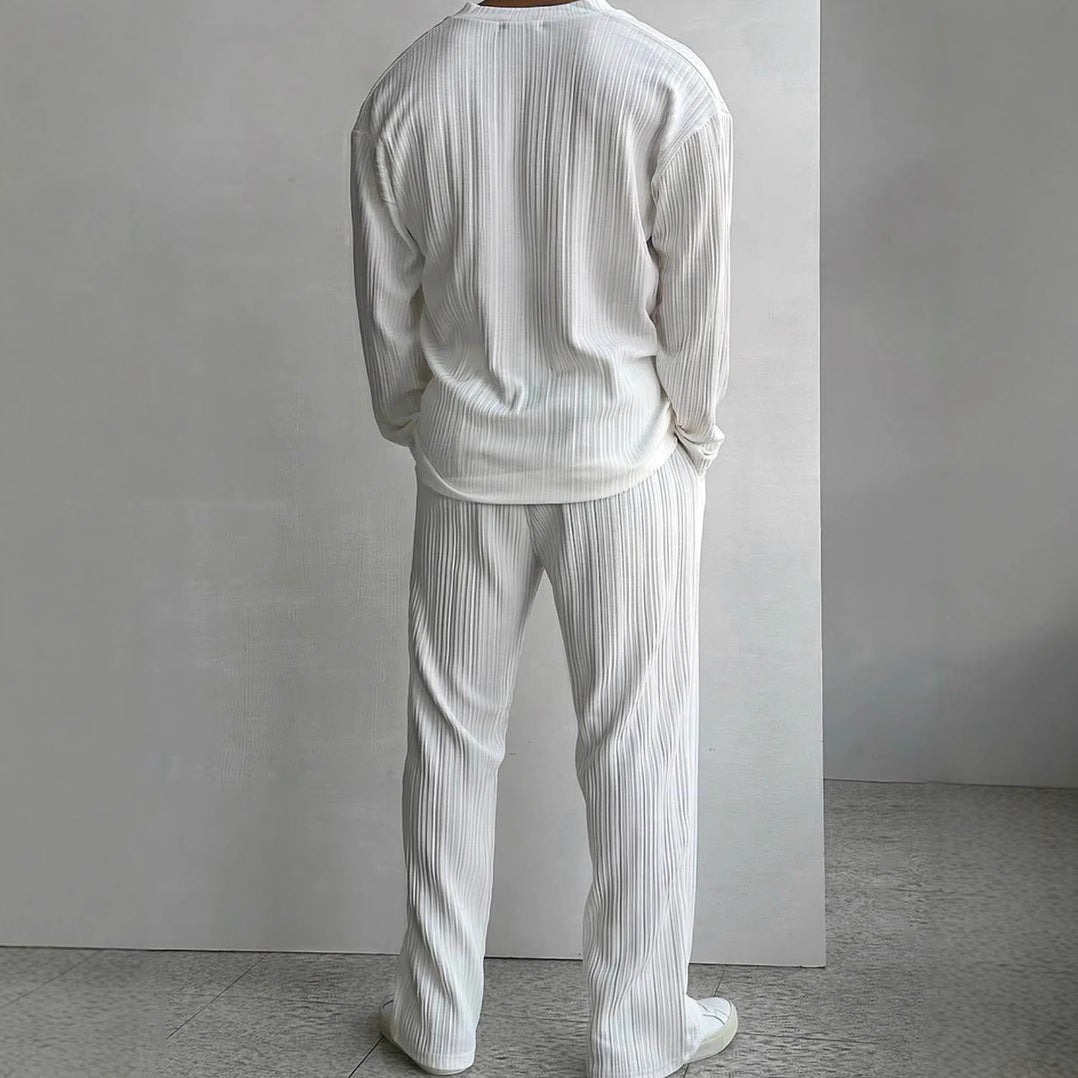 Komplet męski - Confort décontracté - Texture plissée - Chemise sans col & Pantalon droit
