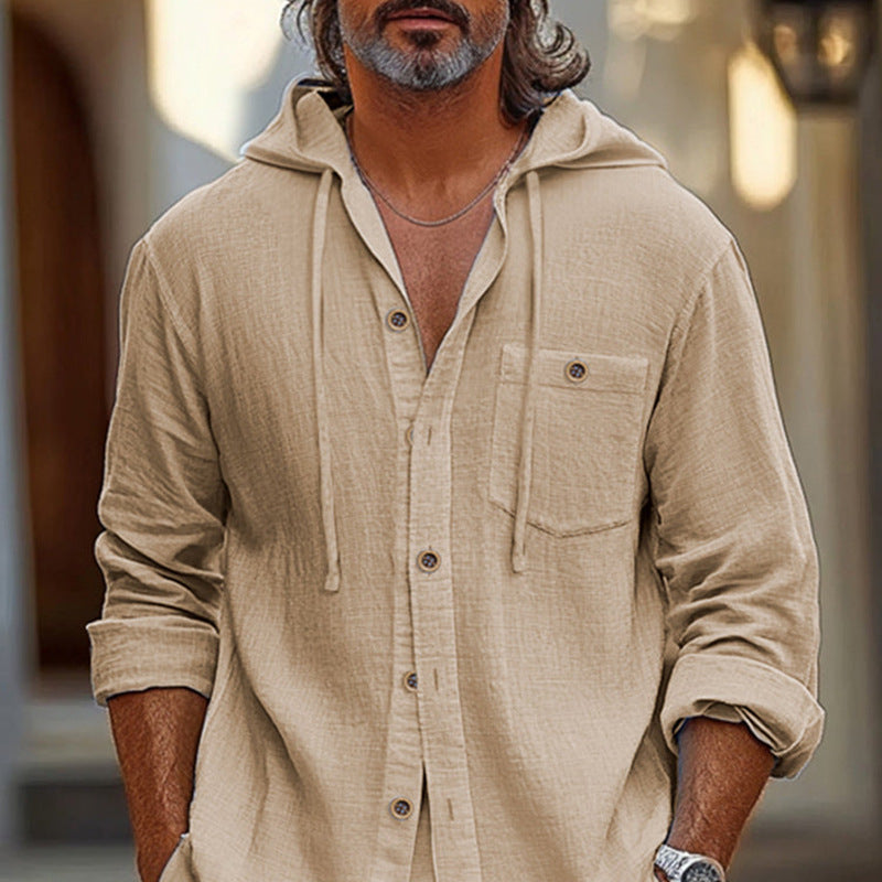 Męska stylowa koszula z kapturem z mieszanki lnu - wygodny, luźny krój z guzikami z przodu i długimi rękawami do noszenia na co dzień