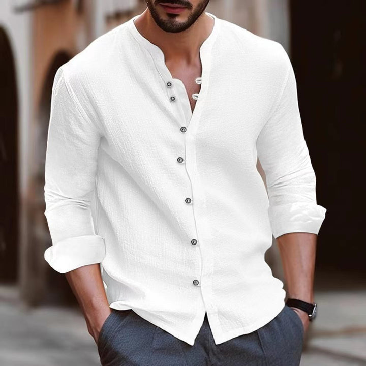 Męskie buty sportowe Camicia a Manica Lunga in Misto Cotone e Lino - Vestibilità Relaxed - Colletto a Banda - Versione con Bottoni