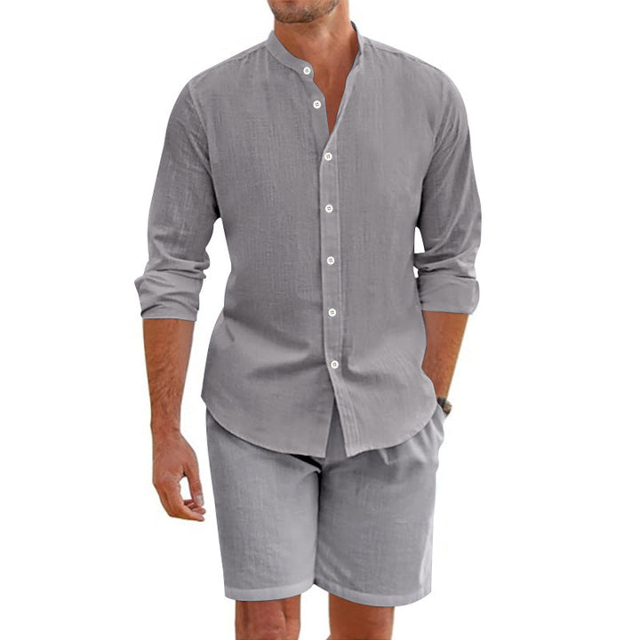 Conjunto para Hombre de Dos Piezas - Mezcla de Lino - Ajuste Relajado - Camisa con Botones y Shorts a la Mitad del Muslo