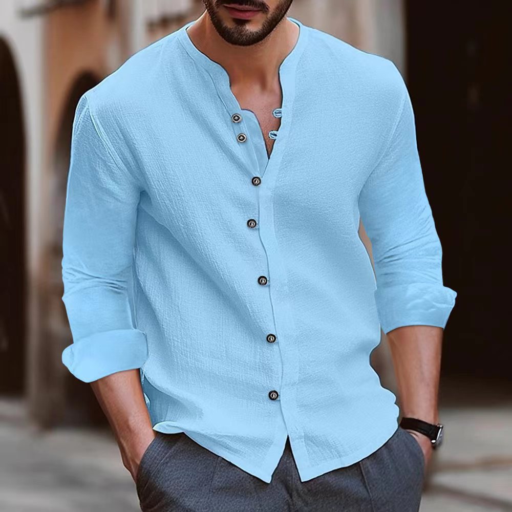 Męskie buty sportowe Camicia a Manica Lunga in Misto Cotone e Lino - Vestibilità Relaxed - Colletto a Banda - Versione con Bottoni