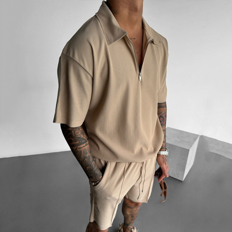"Conjunto de Polo y Pantalones Cortos para Hombre - Ajuste Cómodo - Cuello con Cremallera - Cintura con Cordón - Algodón Transpirable"