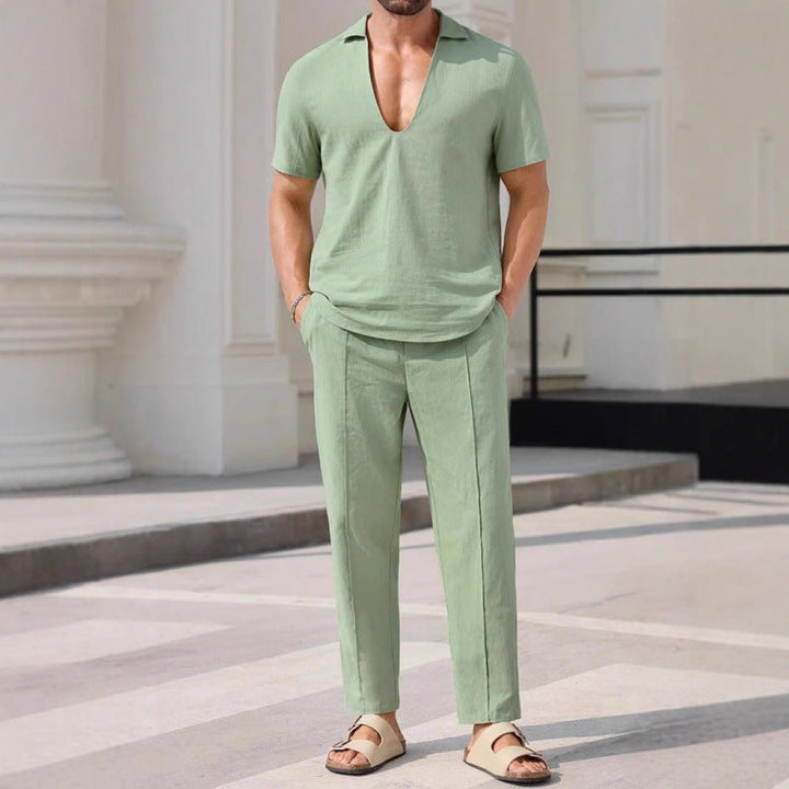 Conjunto de Dos Piezas para Hombres - Mezcla de Lino - Ajuste Cómodo - Camisa en V y Pantalones de Largo Completo
