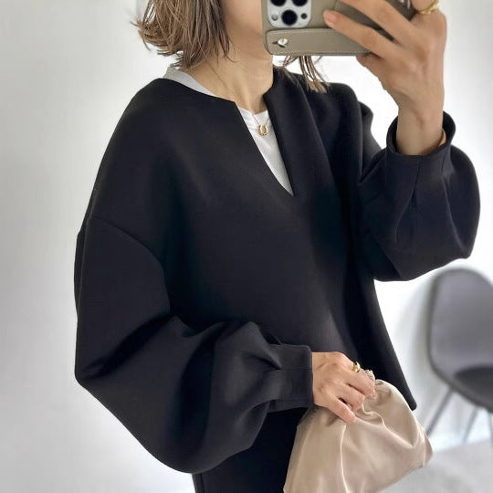 Bluza manga larga para mujer w stylu oversize, tela ligera, mangas globo y escote en V