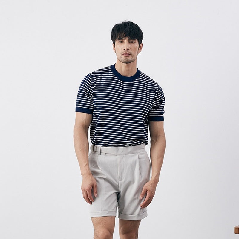 Męska koszulka z dzianiny Slim Fit w stylowe poziome paski i prążkowane mankiety - wygodna mieszanka bawełny