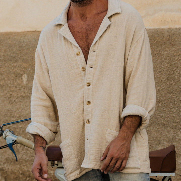 Koszulka męska z melanżu bawełny i lnu - Coupe Décontractée - Manches Longues pour un Style Décontracté