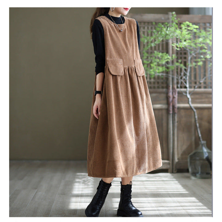 Vestido de Pinafore de pana para mujer - Corte recto midi sin mangas con bolsillos para un estilo casual y cómodo