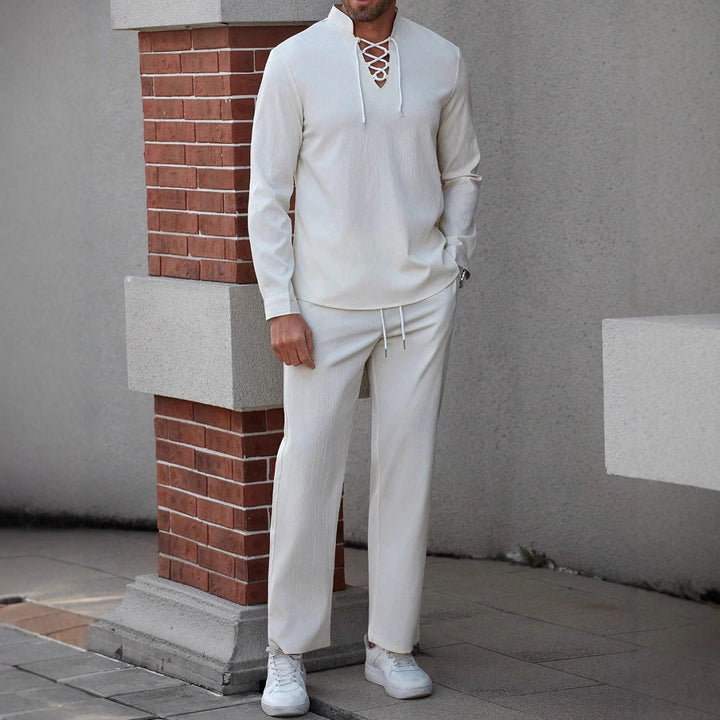 Męska casualowa koszula Henley - mieszanka bawełny i lnu ze stylowym sznurowaniem na piersi - wygodny luźny krój i kołnierzyk z gumką