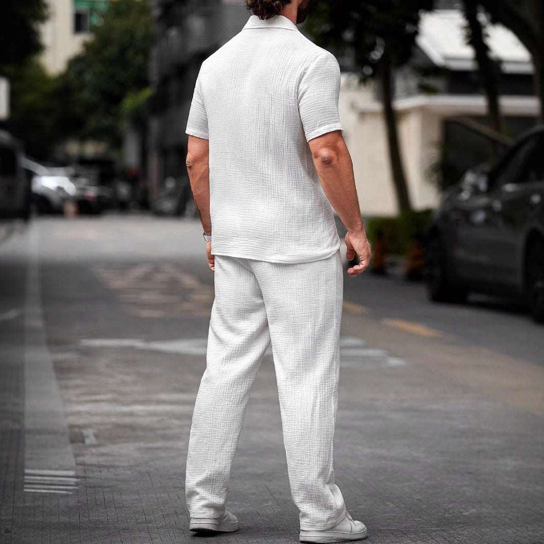 Camisa Casual para Hombre - Mezcla de Algodón y Lino - Corte Regular - Manga Corta - Cierre de Botón