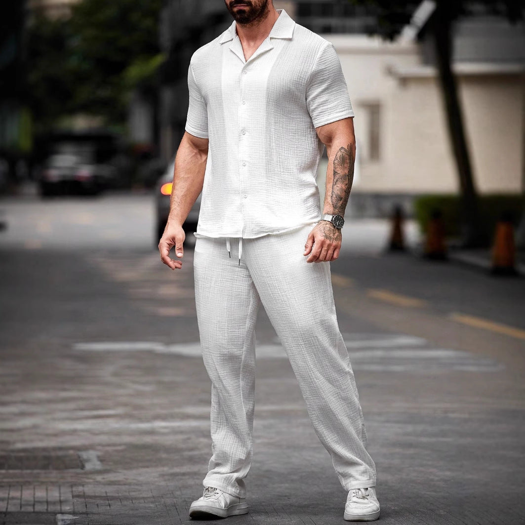 Camisa Casual para Hombre - Mezcla de Algodón y Lino - Corte Regular - Manga Corta - Cierre de Botón