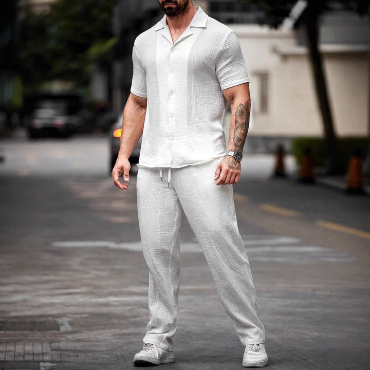 Camisa Casual para Hombre - Mezcla de Algodón y Lino - Corte Regular - Manga Corta - Cierre de Botón