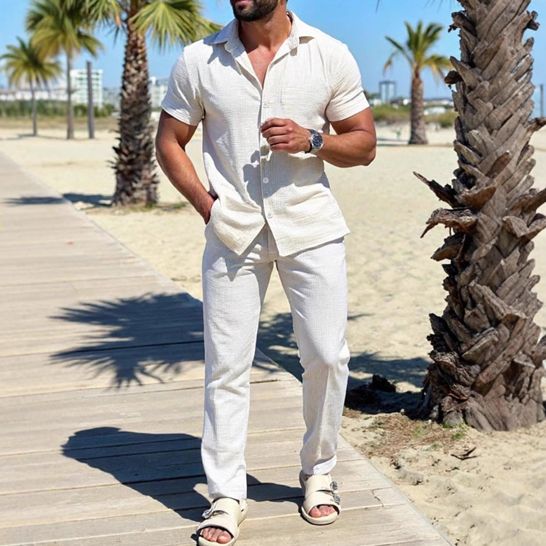 Camisa Casual para Hombre - Mezcla de Algodón y Lino - Corte Regular - Manga Corta - Cierre de Botón
