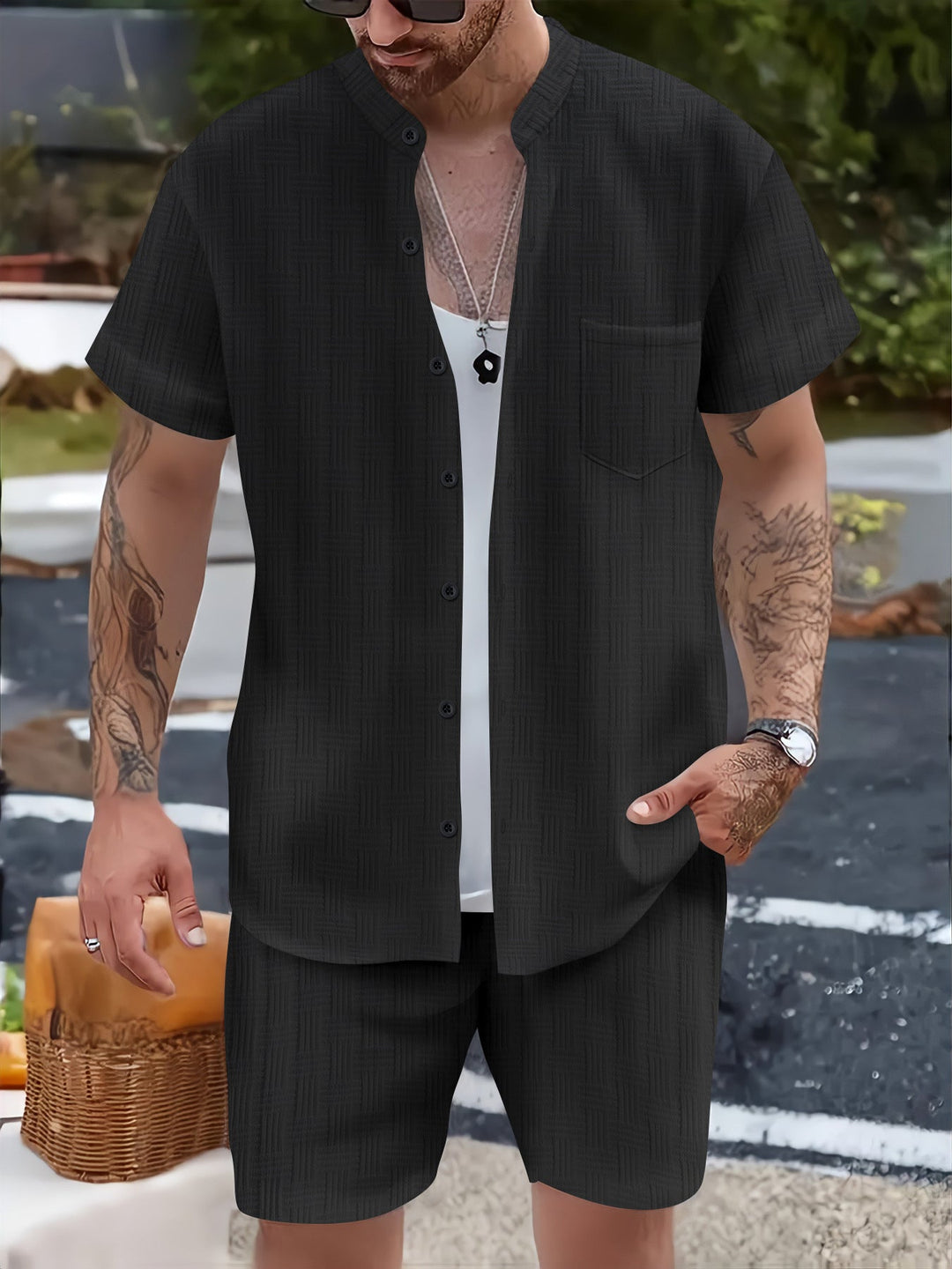 Zestaw męski: Camisa con Cuello Henley y Shorts Ligero de Corte Relaxed