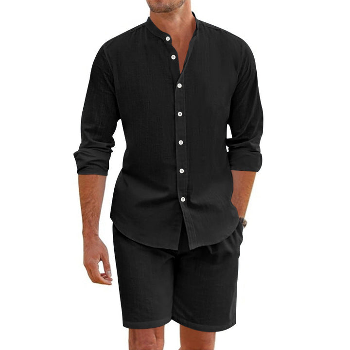 Conjunto para Hombre de Dos Piezas - Mezcla de Lino - Ajuste Relajado - Camisa con Botones y Shorts a la Mitad del Muslo