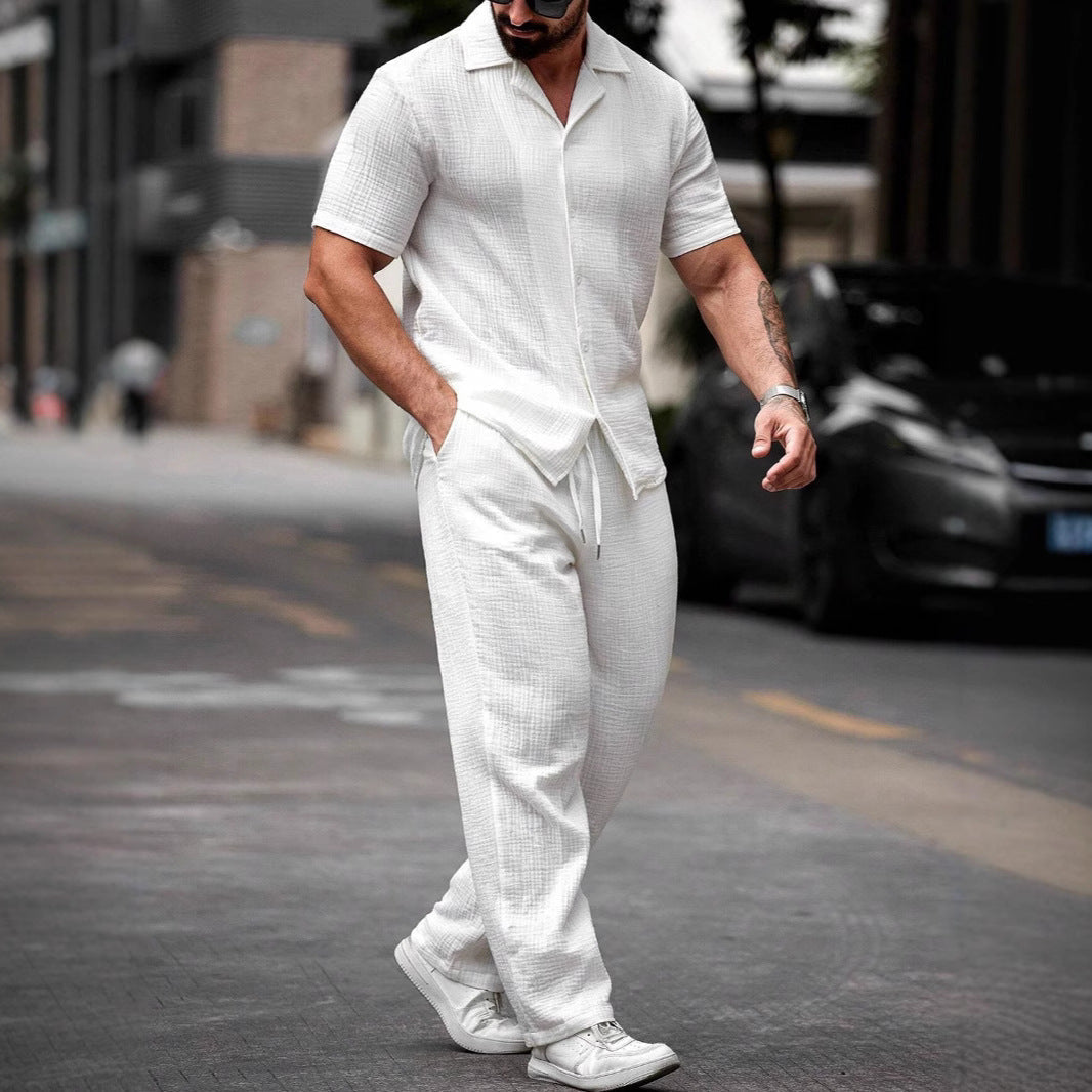 Camisa Casual para Hombre - Mezcla de Algodón y Lino - Corte Regular - Manga Corta - Cierre de Botón