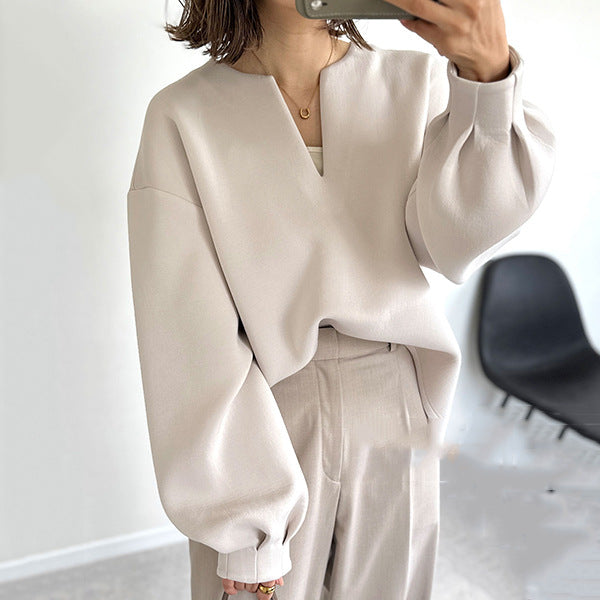 Bluza manga larga para mujer w stylu oversize, tela ligera, mangas globo y escote en V
