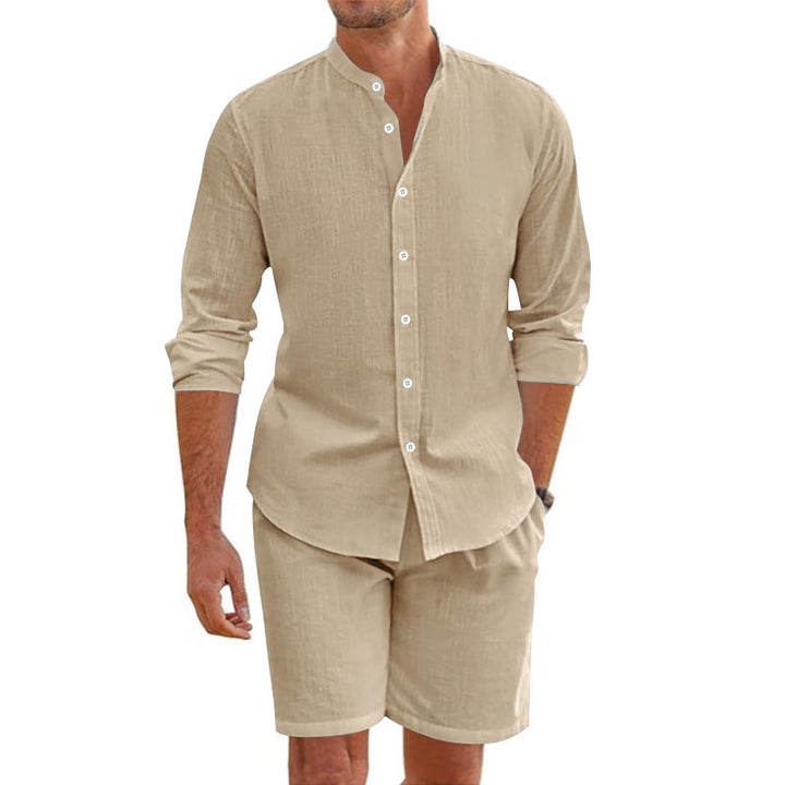 Conjunto para Hombre de Dos Piezas - Mezcla de Lino - Ajuste Relajado - Camisa con Botones y Shorts a la Mitad del Muslo