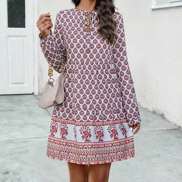 Elegant Women's Boho Midi Dress - Flowy Fit with Long Sleeves and Stylish Keyhole Neckline in Beautiful Printed Pattern