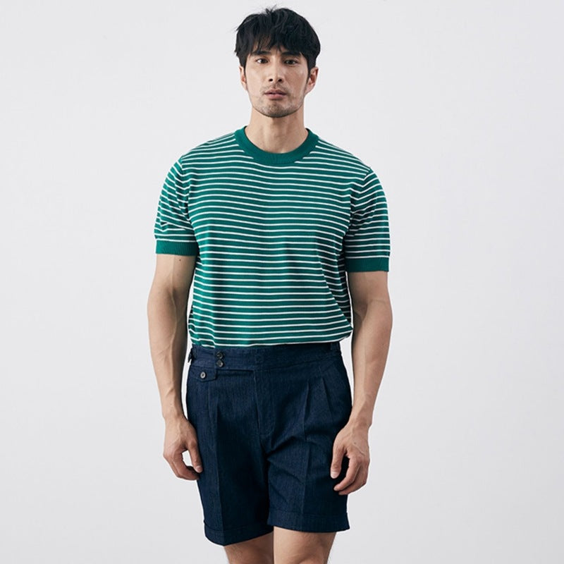 Męska koszulka z dzianiny Slim Fit w stylowe poziome paski i prążkowane mankiety - wygodna mieszanka bawełny