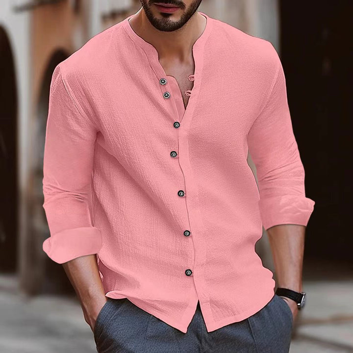 Męskie buty sportowe Camicia a Manica Lunga in Misto Cotone e Lino - Vestibilità Relaxed - Colletto a Banda - Versione con Bottoni