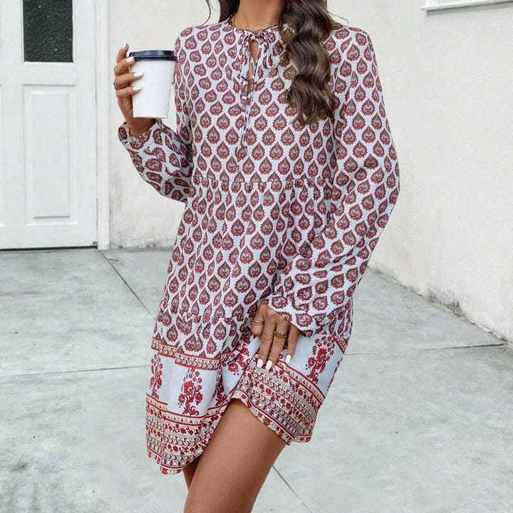 Elegant Women's Boho Midi Dress - Flowy Fit with Long Sleeves and Stylish Keyhole Neckline in Beautiful Printed Pattern