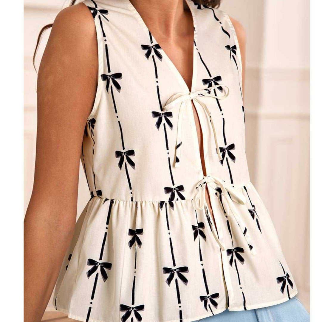 Blusa sin Mangas para Mujer - Fit Relajado - Escote en V - Laço Frontal con Diseño Impreso