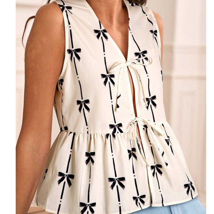 Blusa sin Mangas para Mujer - Fit Relajado - Escote en V - Laço Frontal con Diseño Impreso