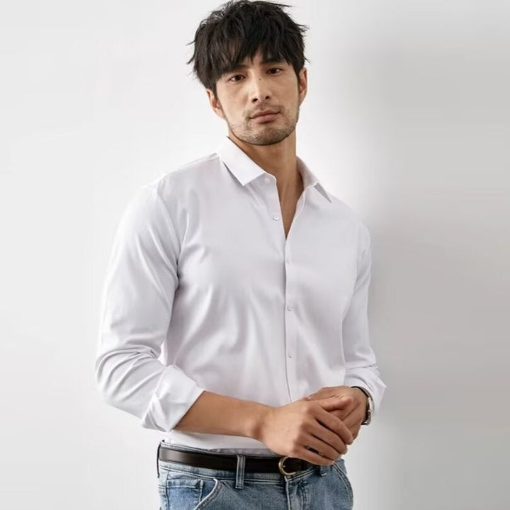 Elegancka koszulka dla mężczyzn - Coupe Slim - Syntetyczna tekstura soi - Długie rękawy z guzikami - Styl Business Casual