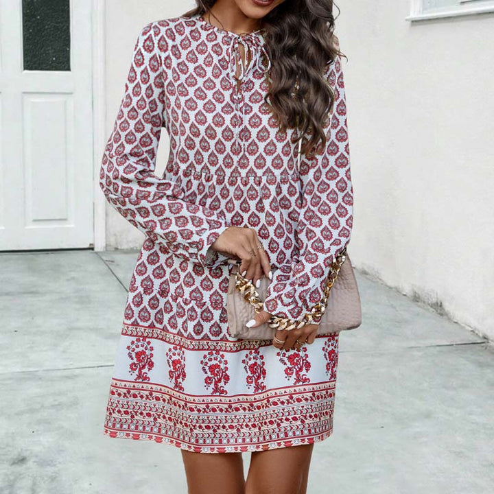 Elegant Women's Boho Midi Dress - Flowy Fit with Long Sleeves and Stylish Keyhole Neckline in Beautiful Printed Pattern